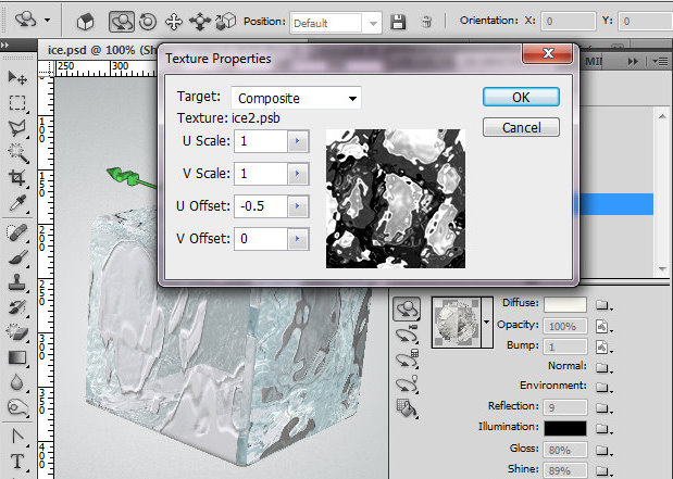 Ice cube 3D photoshop tools tutorial. 3D scene ice cube and cherry inside, ice txture effect in photoshop, ice reflection, 3D rendering, 3D light effects, realistic ice effectt, winterphotoshop  ideas